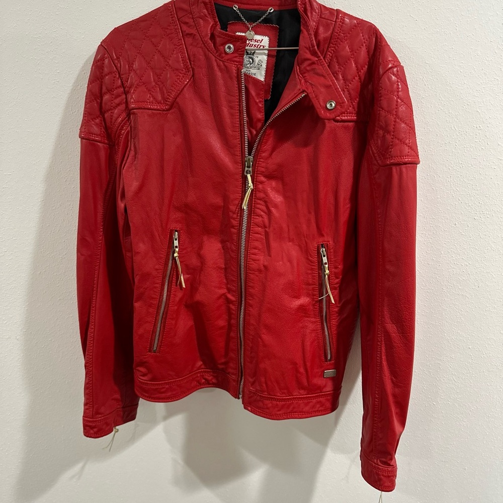 Diesel Red Quilted-Shoulder Leather Jacket
